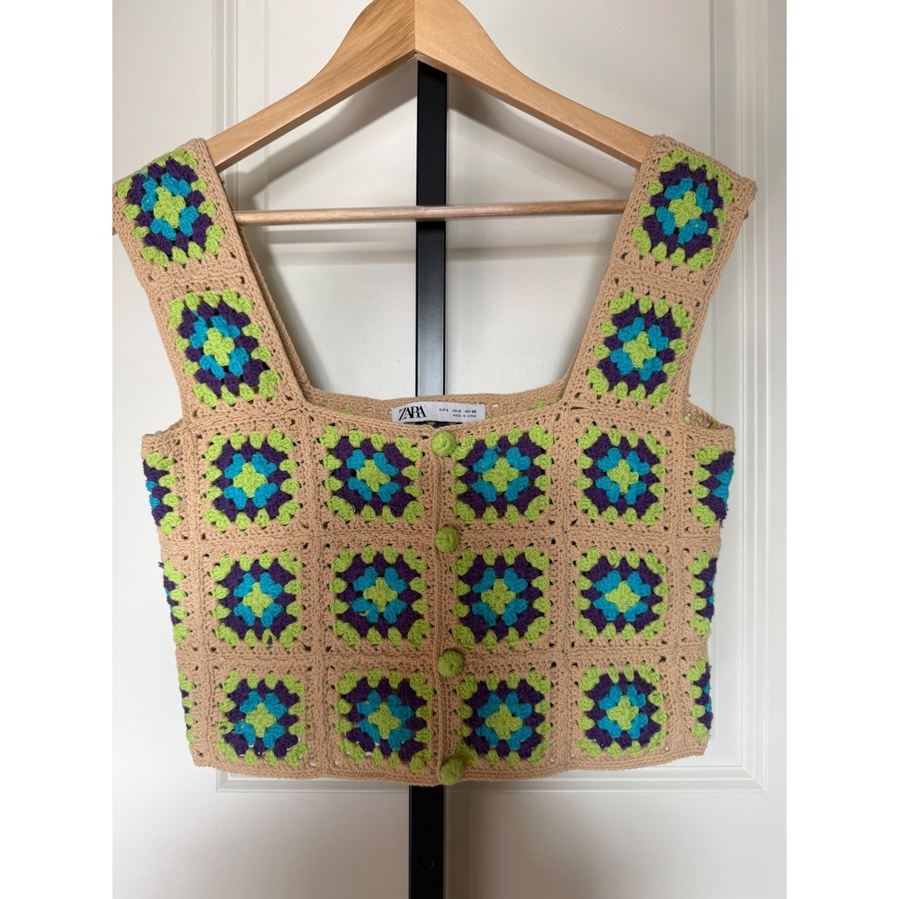 Zara Women Crochet Granny Square Button Front Crop Top Tan‎ Purple Teal Small - Picture 2 of 8